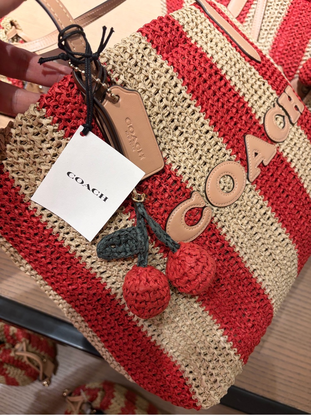 Coach Red and Cream Striped Crochet Tote with Pom-Pom Charm straw city tote new - Picture 8 of 14